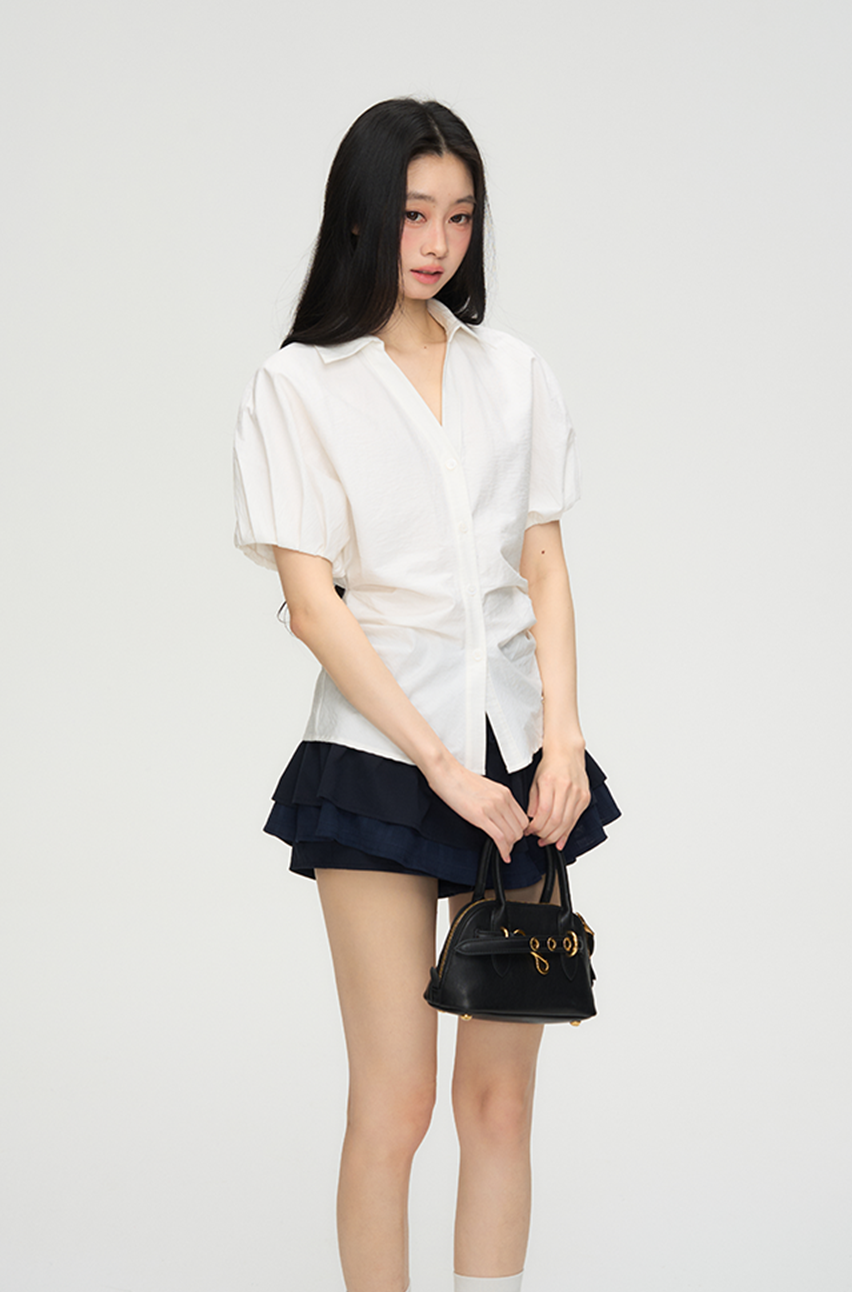 V-neck White Short-sleeved Shirt PUN0063