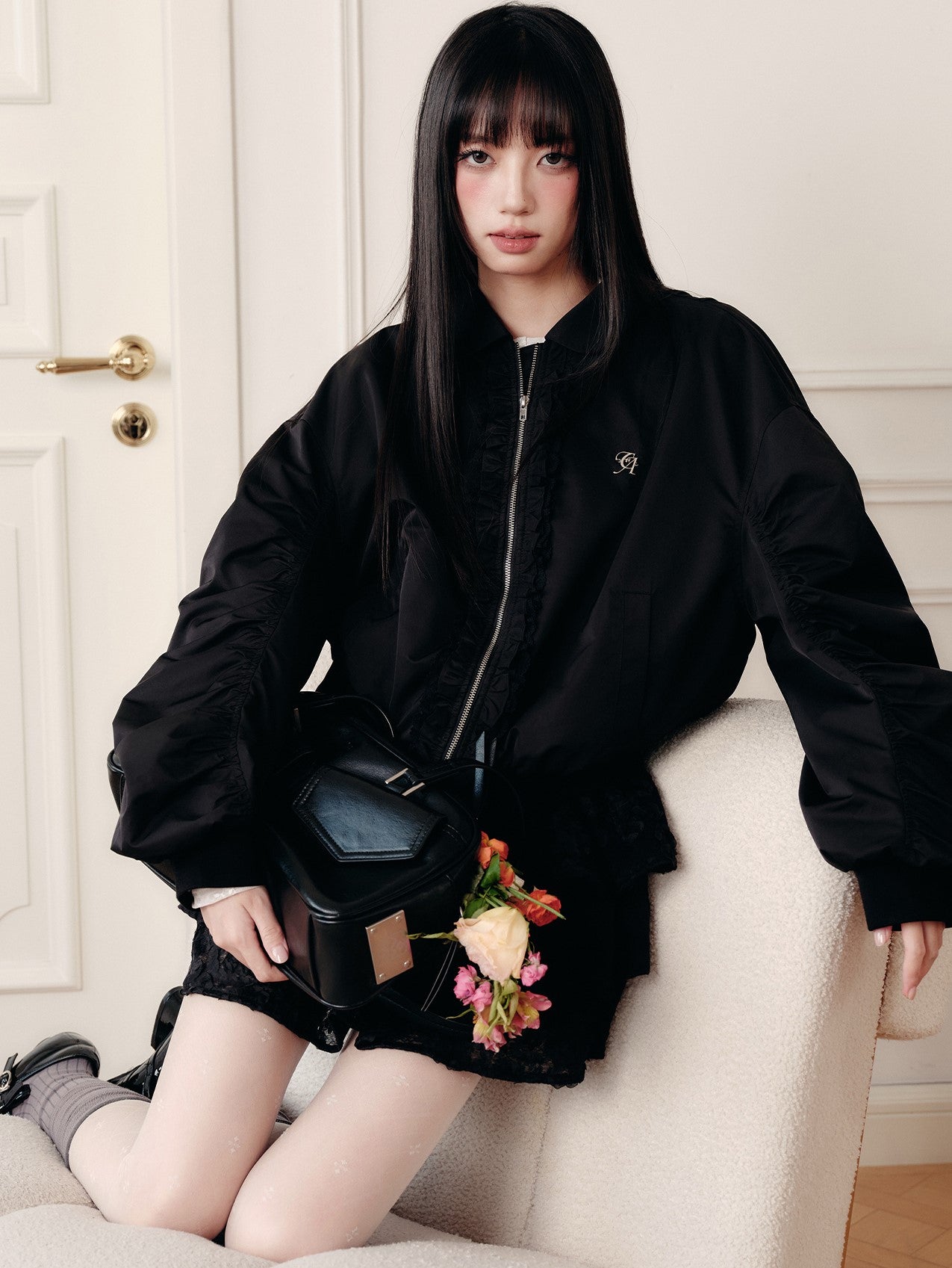 Black Lace Lapel Jacket FRA0434