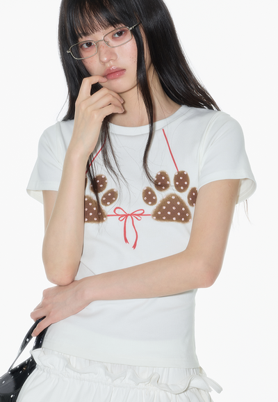 White Bow Cat Paw Print T-shirt ONT0013