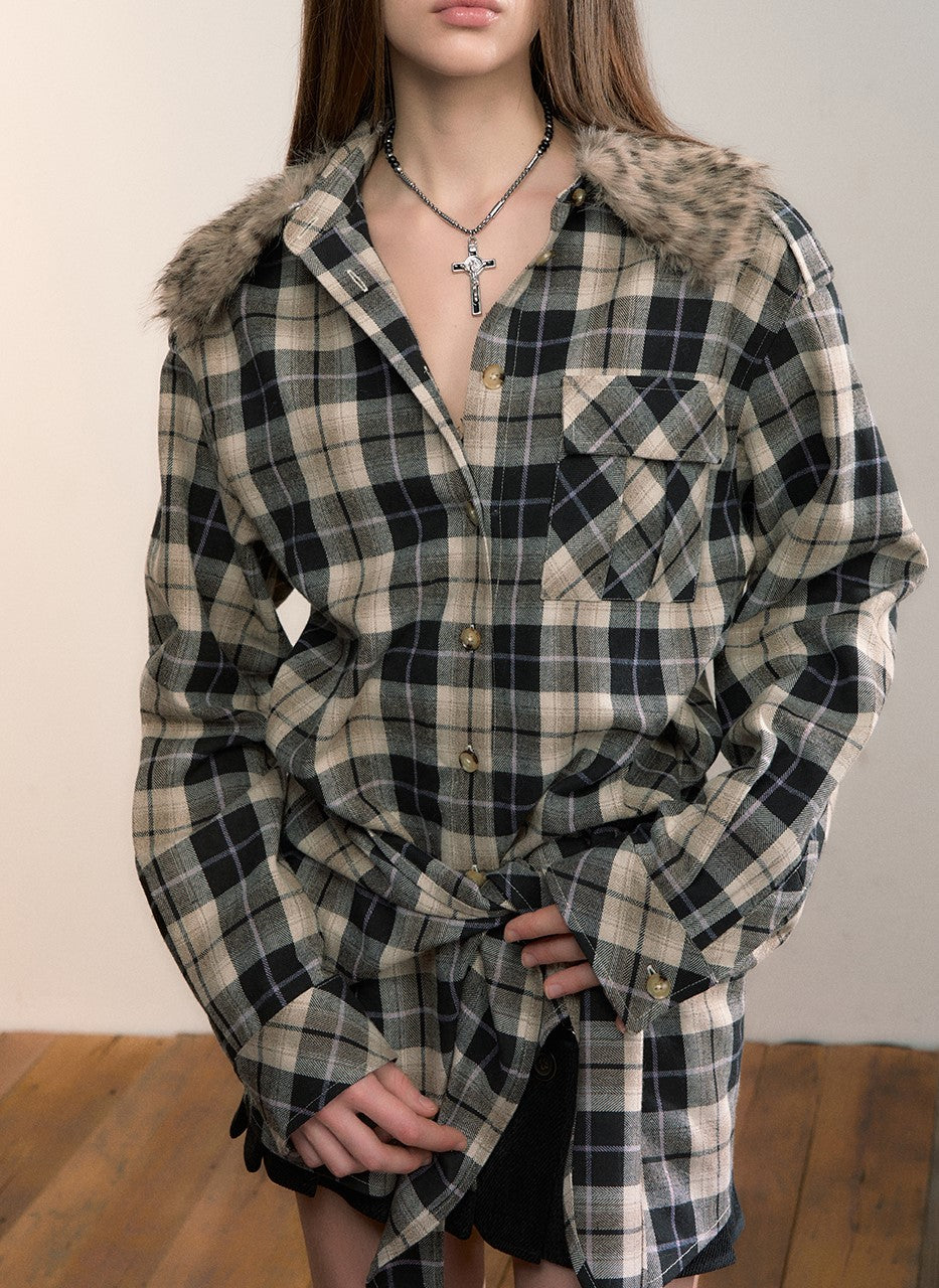Detachable Fur Collar Plaid Shirt VIA0345