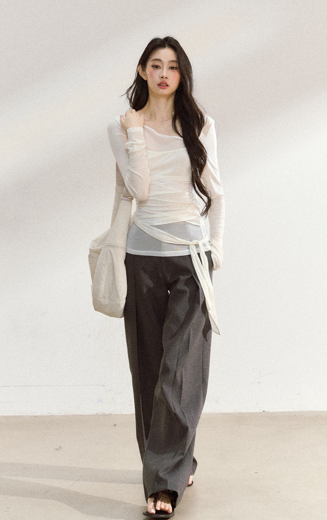 Gray Straight Drape Pants SHI0205