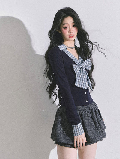 Fake Two-piece Bow Plaid Shirt DIA0599