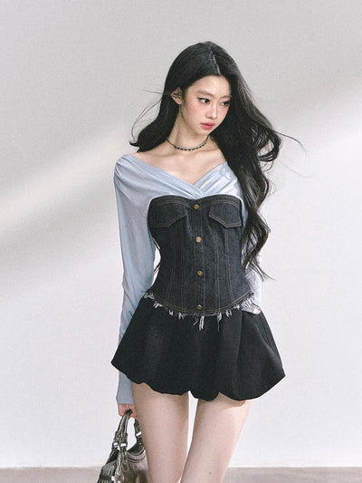 V-neck Cropped Denim T-shirt DIA0539
