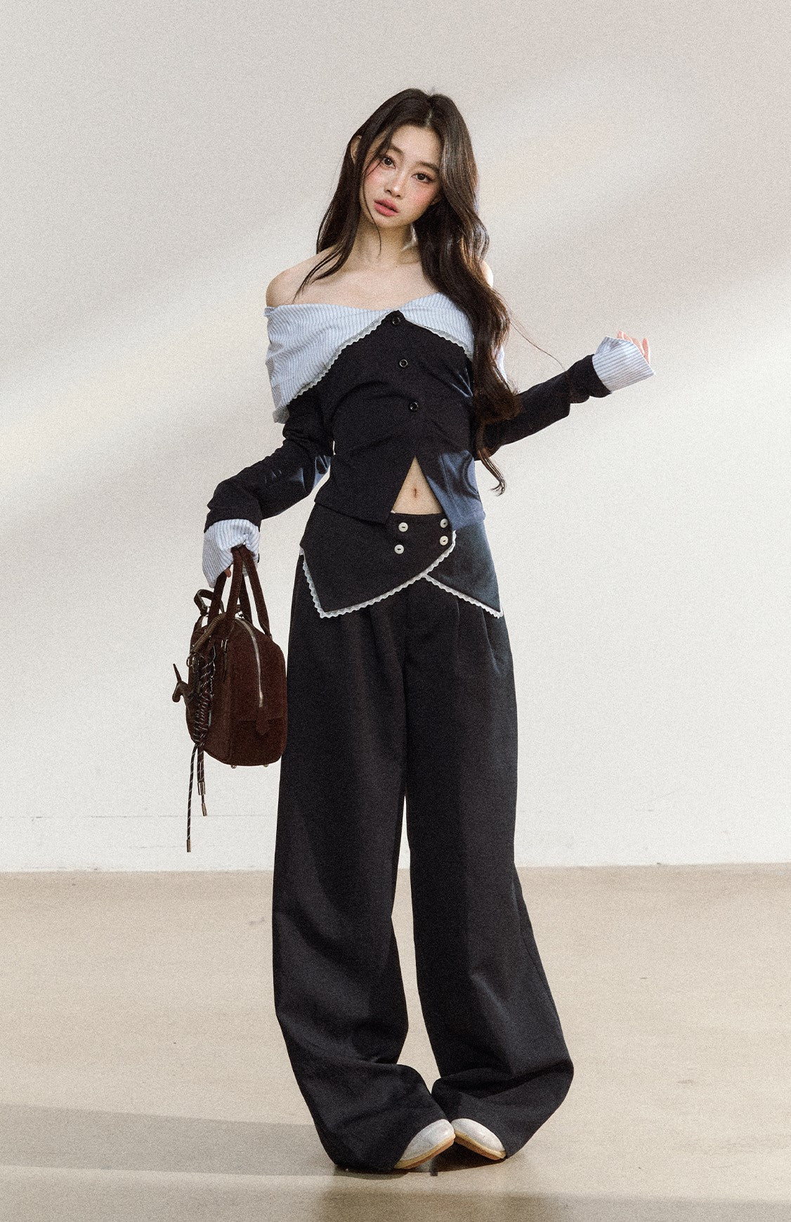 Off Shoulder Splicing Lapel Top/Wide-leg Pants SHI0207