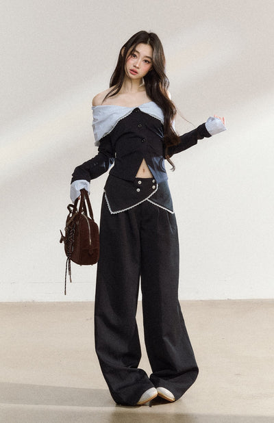 Off Shoulder Splicing Lapel Top/Wide-leg Pants SHI0207