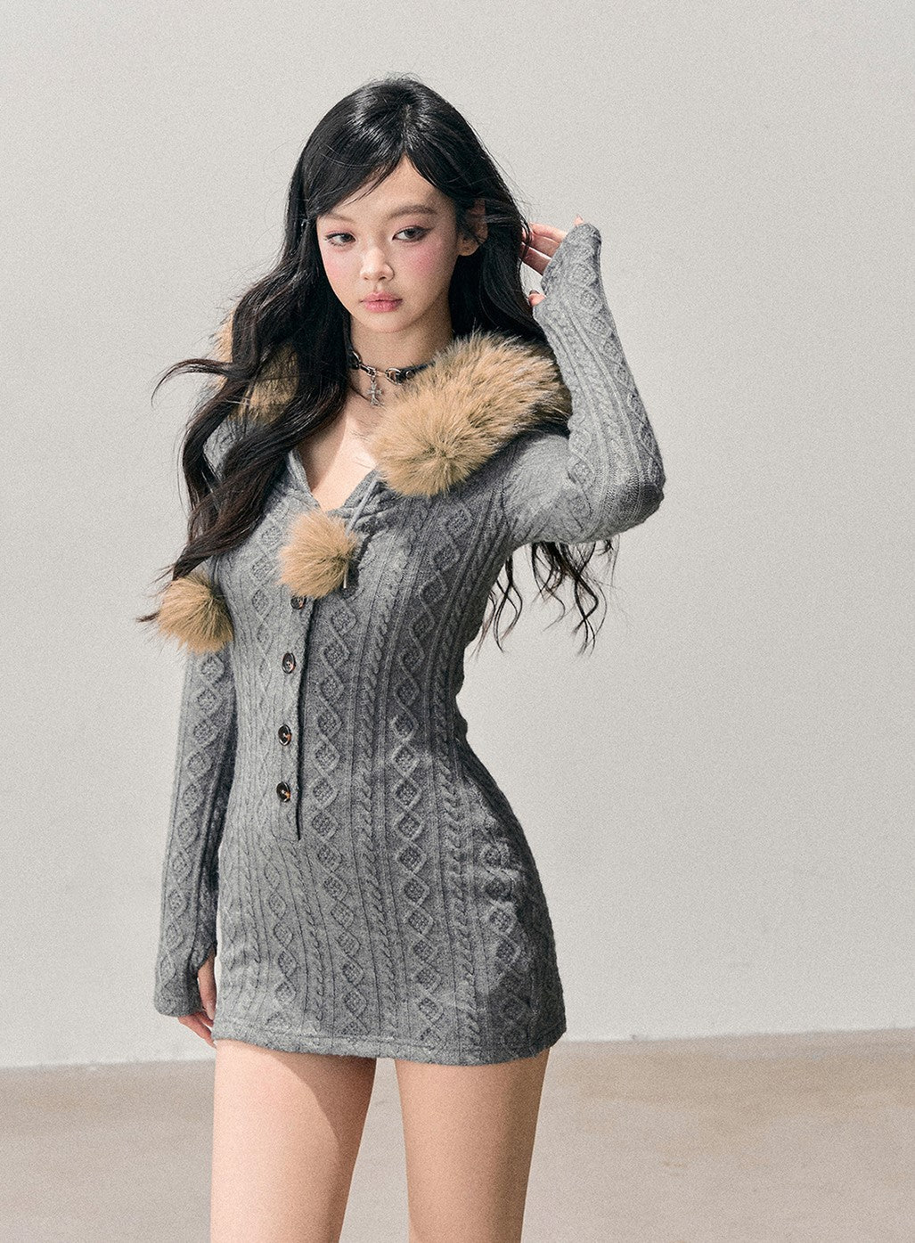 Detachable Fur Collar Sweater Dress DIA0707