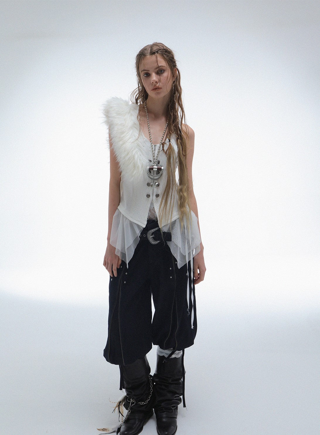 Lace Splicing Metal Button Fur Collar Vest DOU0129