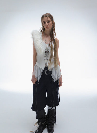 Lace Splicing Metal Button Fur Collar Vest DOU0129