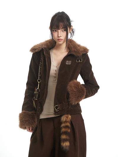 Retro Style Fur Collar Patchwork Suede Jacket UNC0327