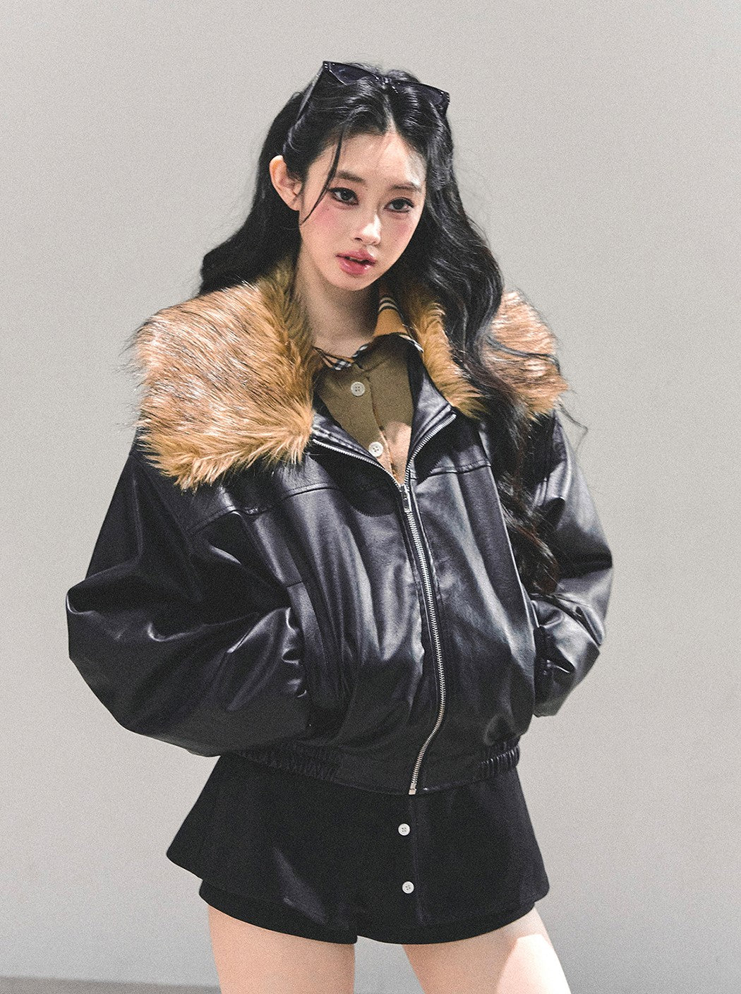 Black Large Lapel Leather Jacket DIA0690