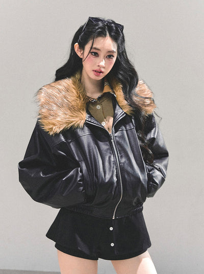 Black Large Lapel Leather Jacket DIA0690