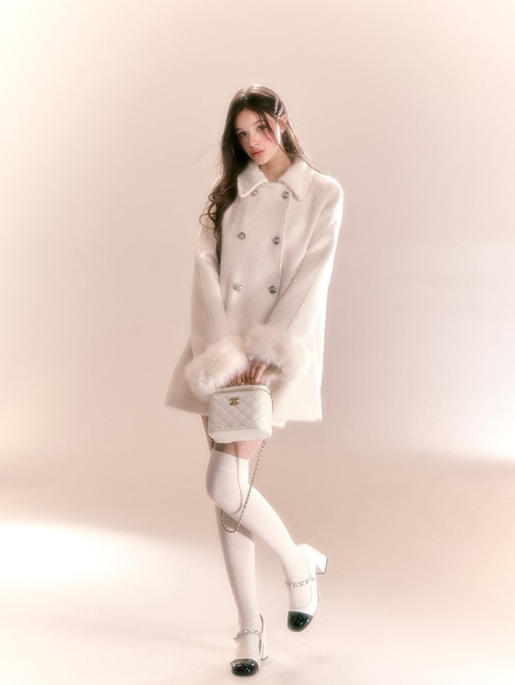 High-end Mid-length White Cotton Woolen Coat QDQ0092