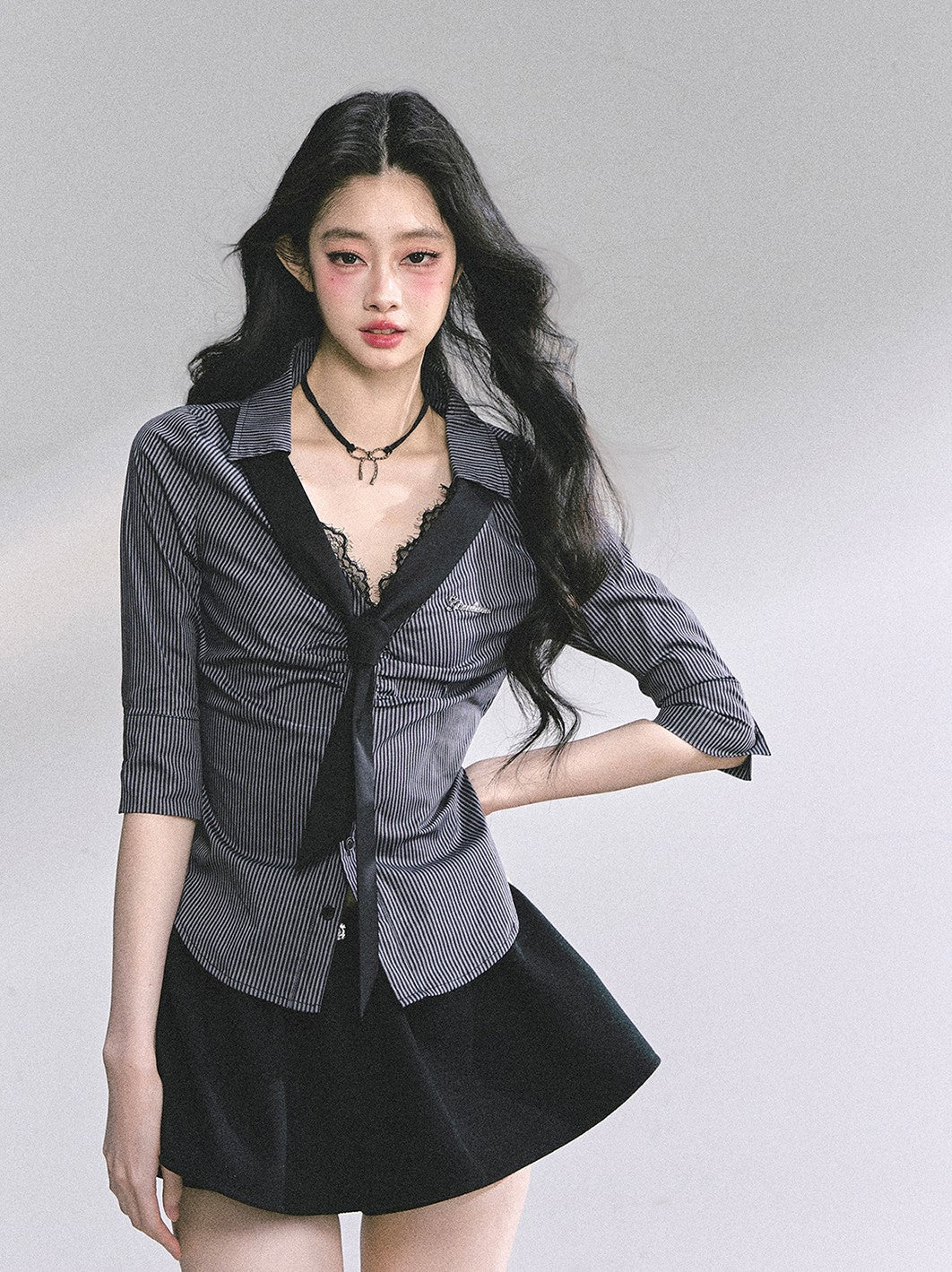 Lace Striped Slim Shirt DIA0572