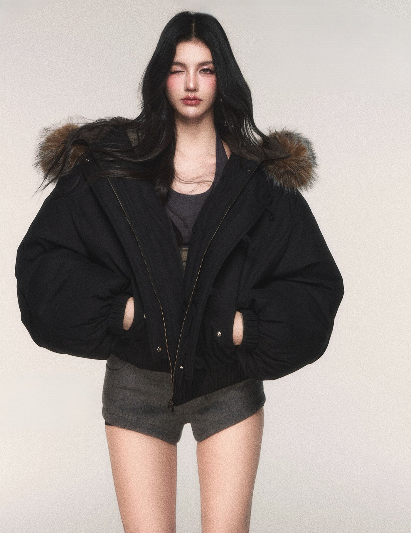 Black Hooded Large Fur Collar Down Jacket LUL0213