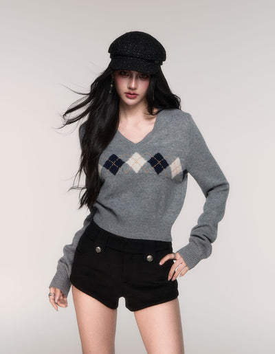 Diamond Pattern V-Neck Sweater LUL0200