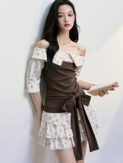 Floral Tie-strap One-shoulder Top/Skirt FRA0394
