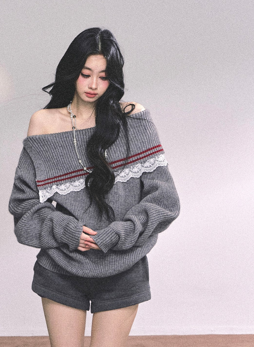 Lace Off-shoulder Loose Sweater DIA0632