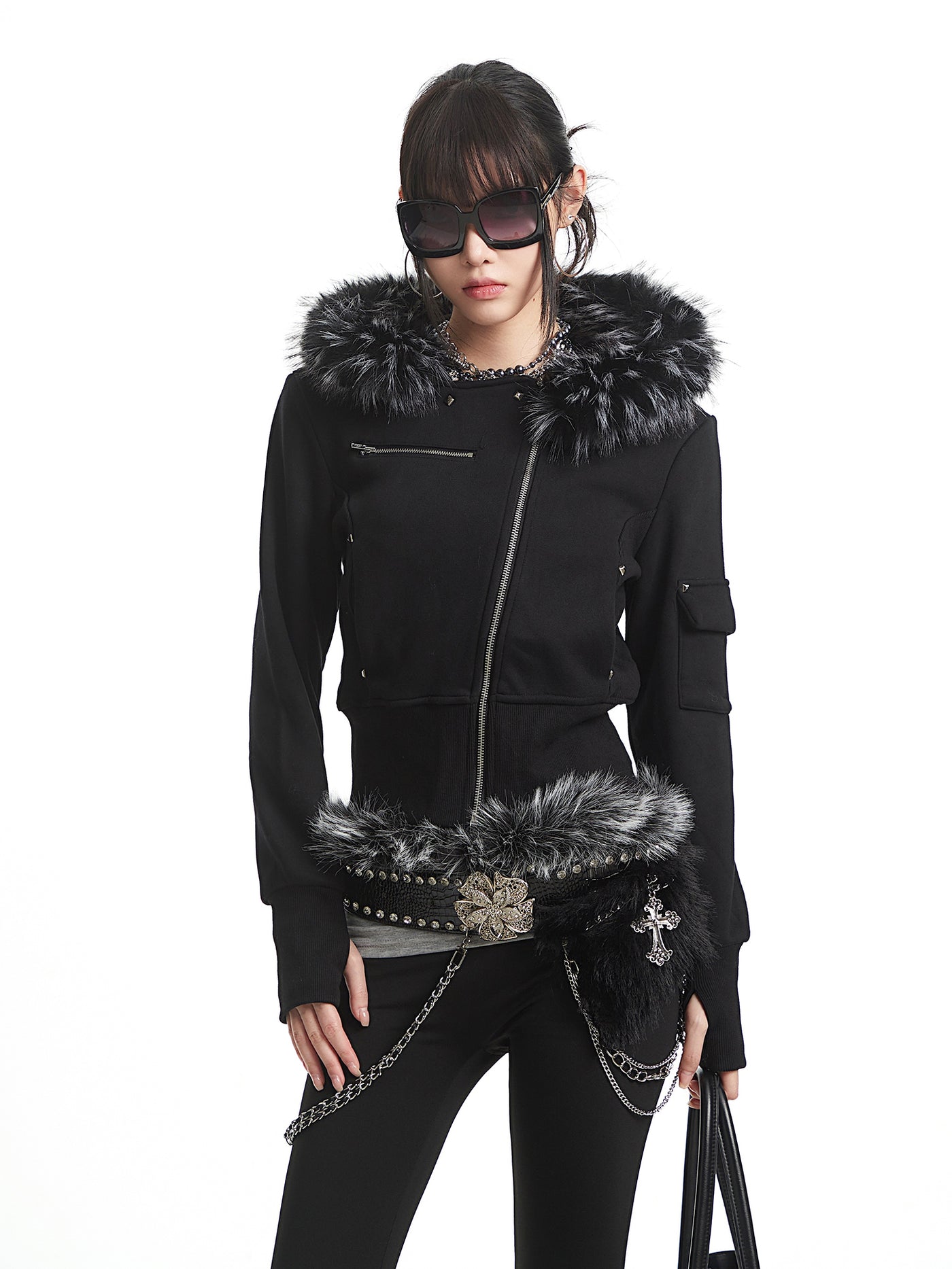 Black Fur-Collar Hooded Sweatshirt Short Jacket UNC0325