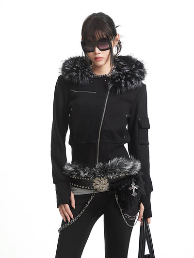 Black Fur-Collar Hooded Sweatshirt Short Jacket UNC0325
