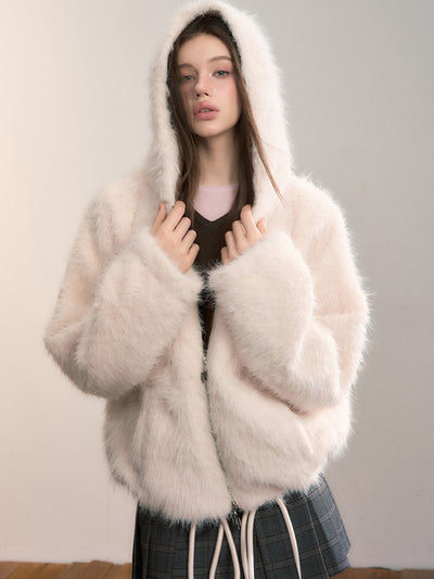 Fluffy Hooded Loose-fitting Plush Coat VIA0349