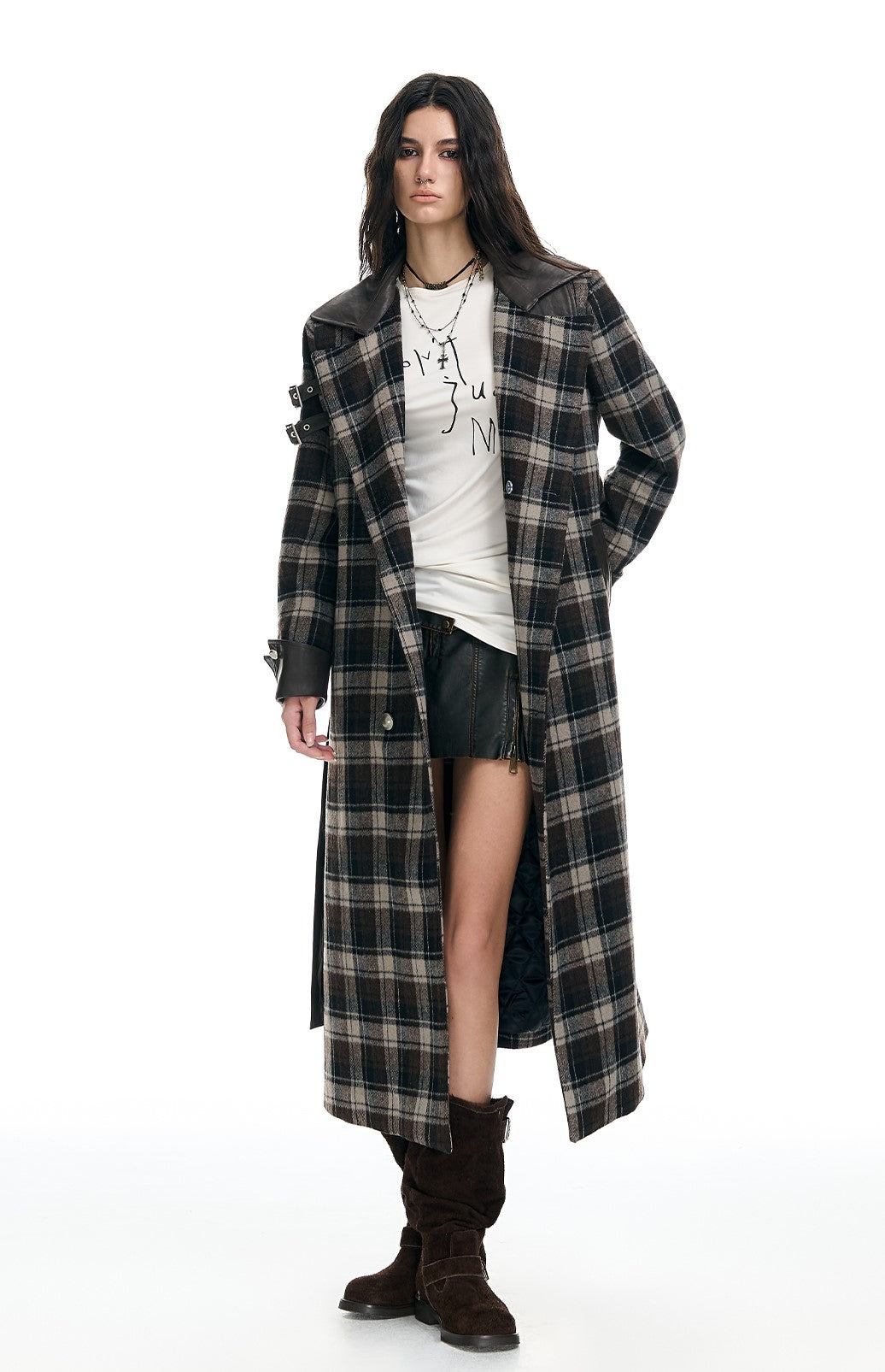 Plaid Leather Slim Mid-Length Long Coat WES0209