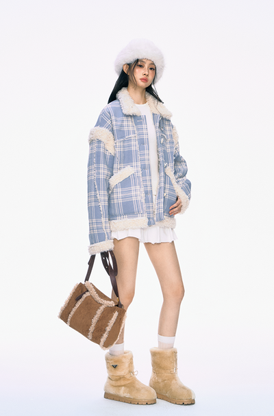 Fur Collar Blue Plaid Jacket PUN0035