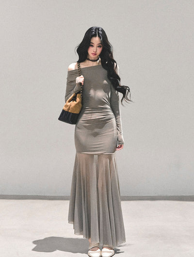 Off-shoulder Slimming Sheer Dress DIA0697