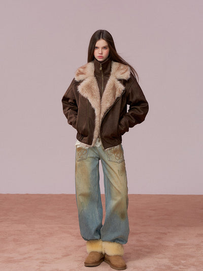 Loose-fitting Faux Two-Piece Fur Collar Jacket VIA0353