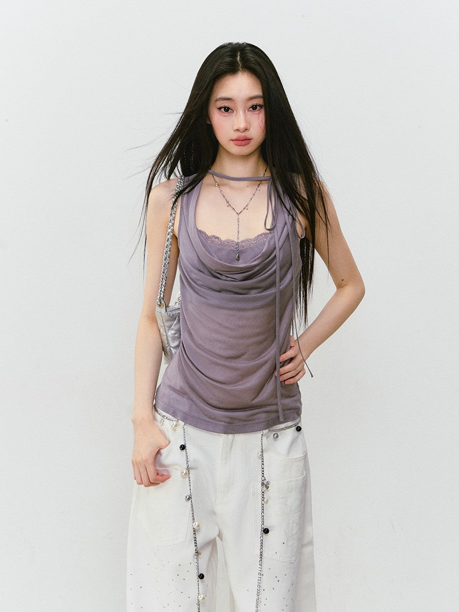 Spliced Lace Sling Collar Top VIA0311