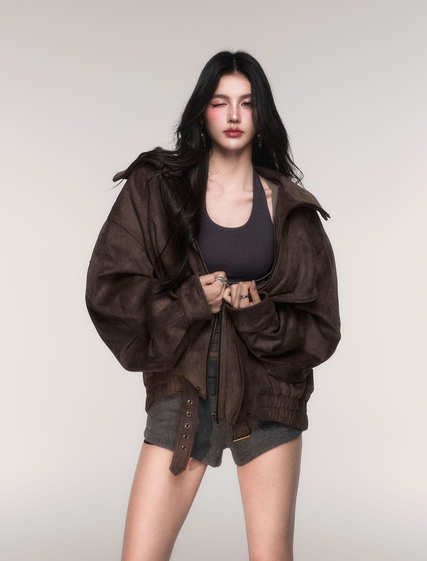 Oversized Camel Brown Suede Jacket LUL0201