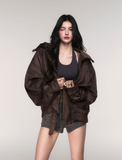 Oversized Camel Brown Suede Jacket LUL0201