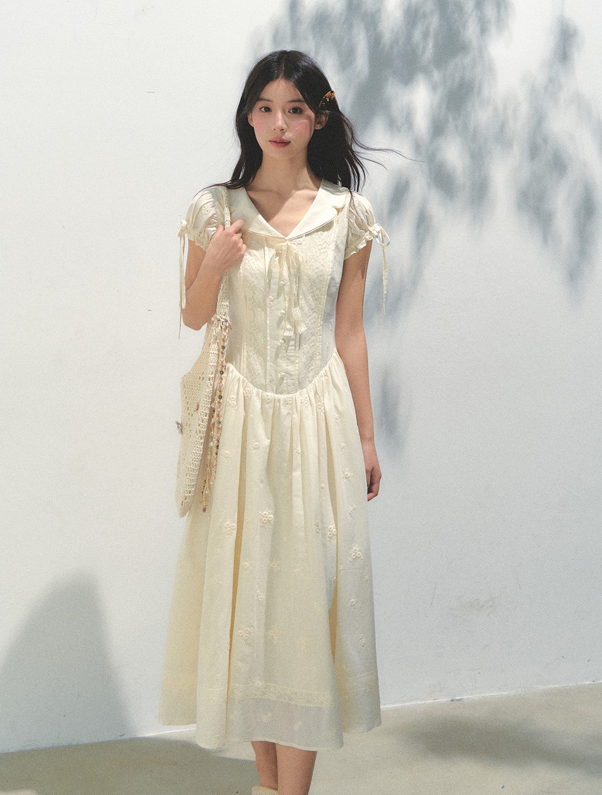 Embroidered Puff Sleeve Shirt Dress SUN0163