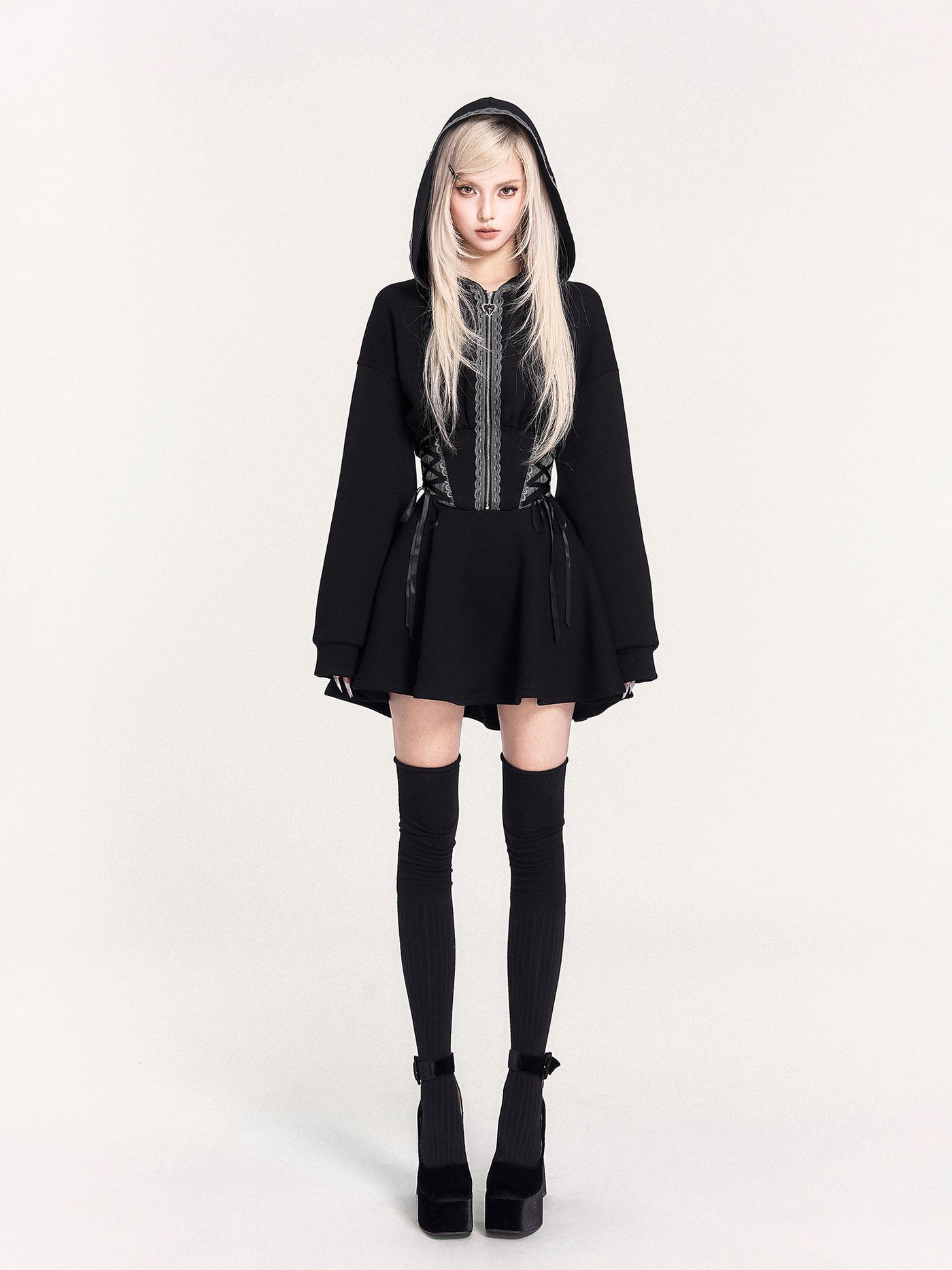 Lace-up Hooded Sweatshirt Dress VOC0469