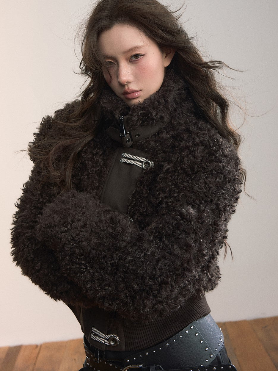 Single-breasted Turtleneck Fur Short Jacket VIA0361