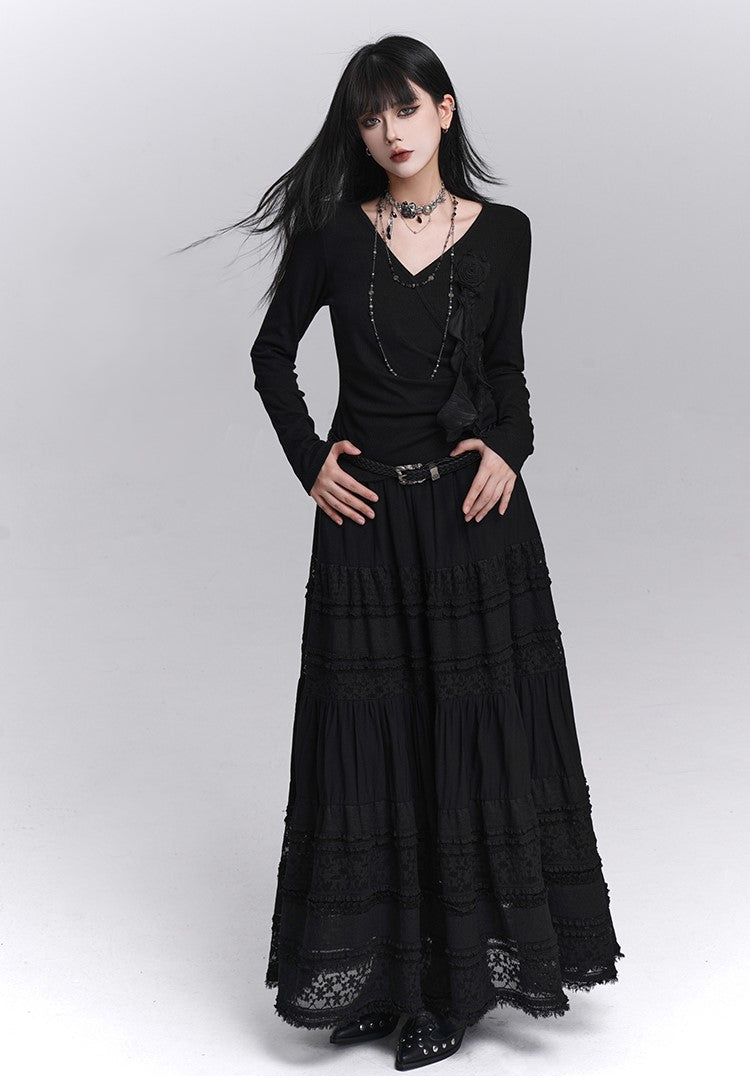 Stylish Rose Black Long-Sleeved Top LAD0236