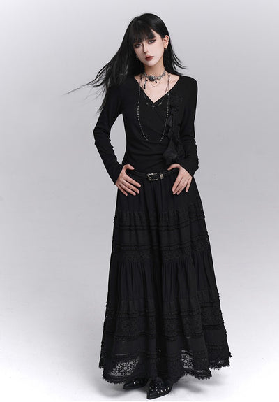 Stylish Rose Black Long-Sleeved Top LAD0236