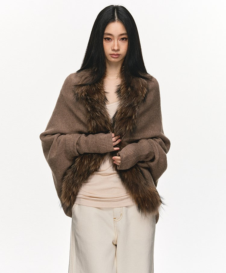 Fur Collar Patchwork Knitted Cardigan ANA0109