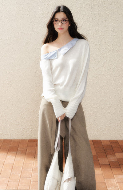 White Oblique Shoulder Shirt Sweater SHI0188