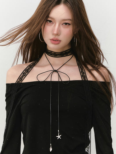 One-shoulder Backless Beaded T-shirt VIA0281