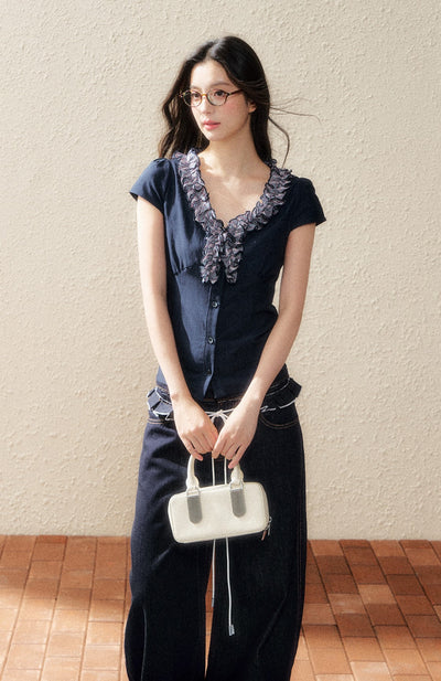 Navy Lace Short-sleeved T-shirt SHI0182