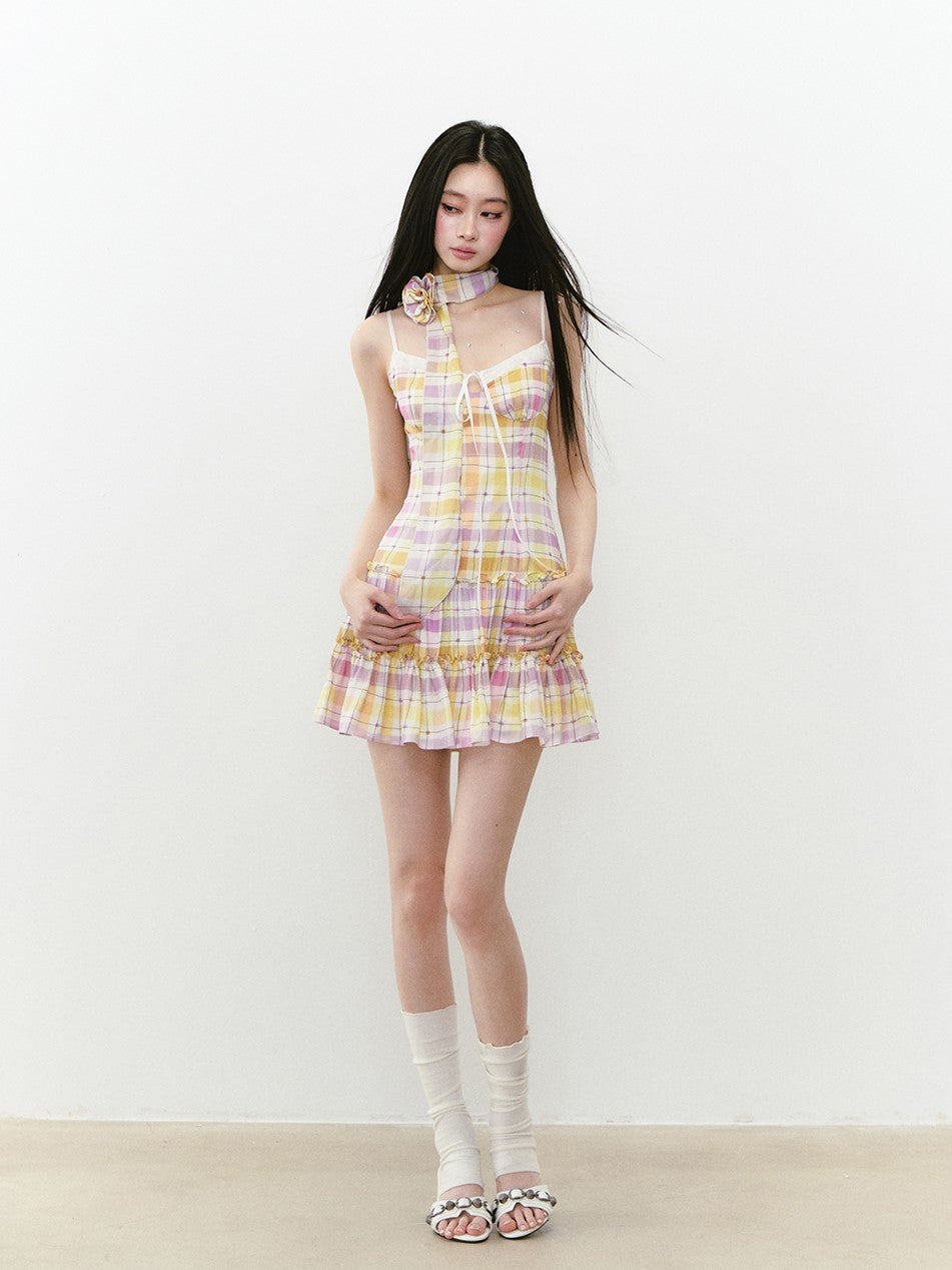 Plaid Sling Stitching Dress/Ribbon VIA0233