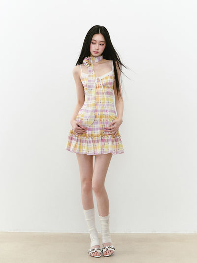 Plaid Sling Stitching Dress/Ribbon VIA0233