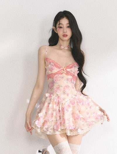 Lace Floral Suspender Puffy Dress DIA0445