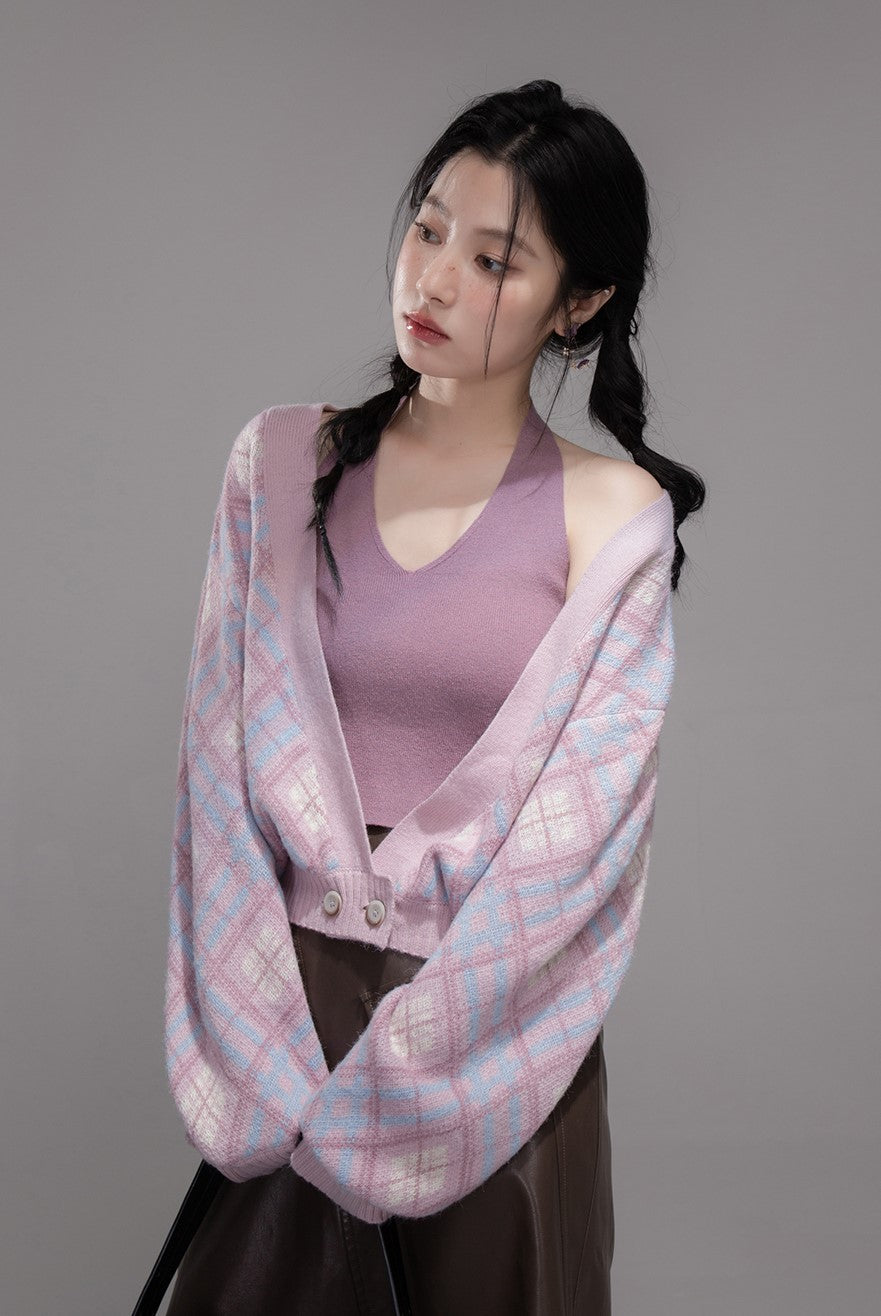 Purple Halter Vest+Diamond-patterned Cardigan COT0362
