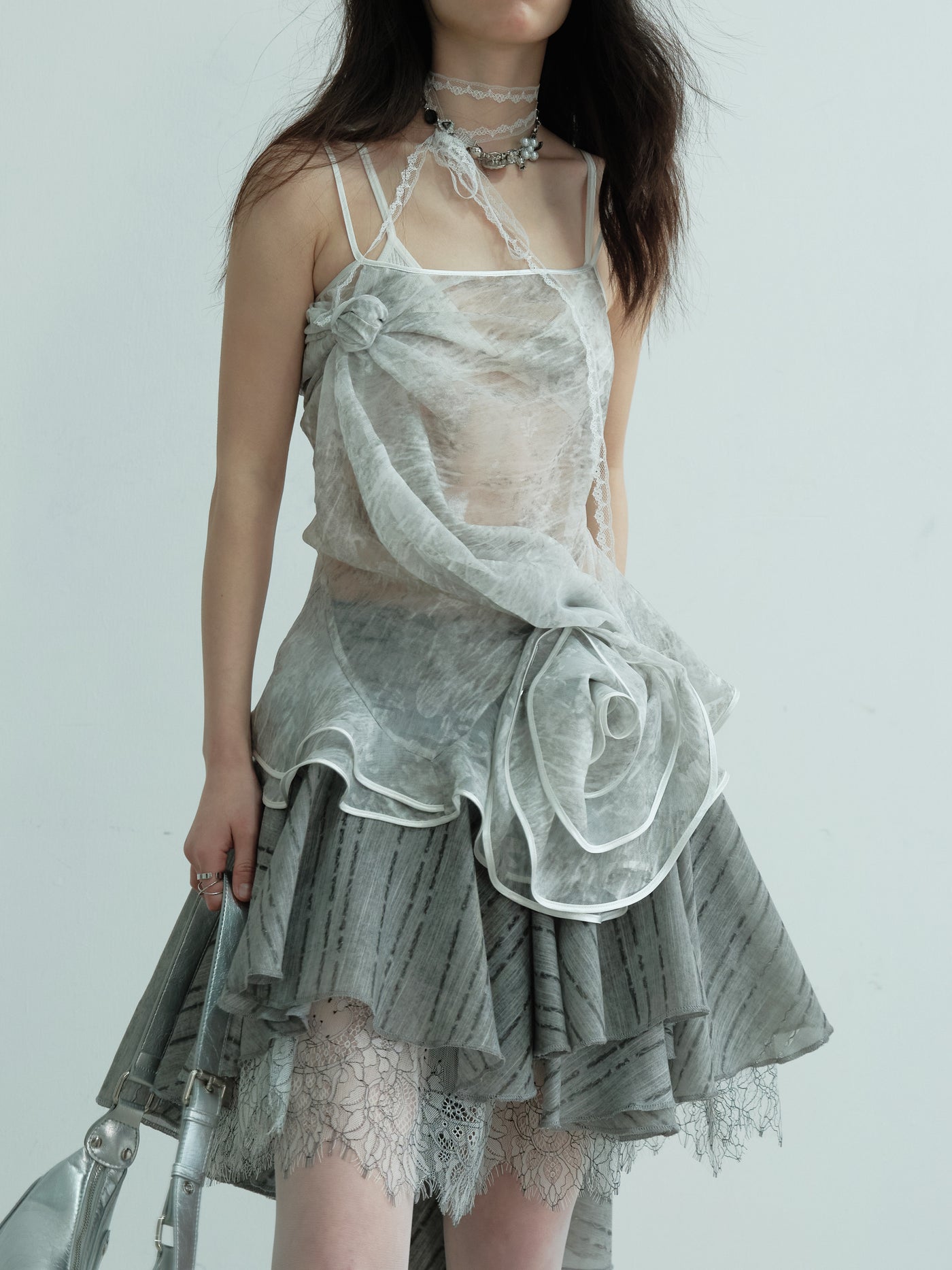 Gray Lace Irregular Pleated Skirt JNY0217