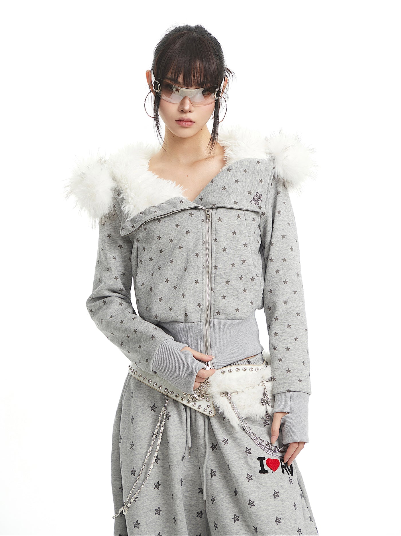 Full Star Design Fur-collar Hooded Jacket UNC0329