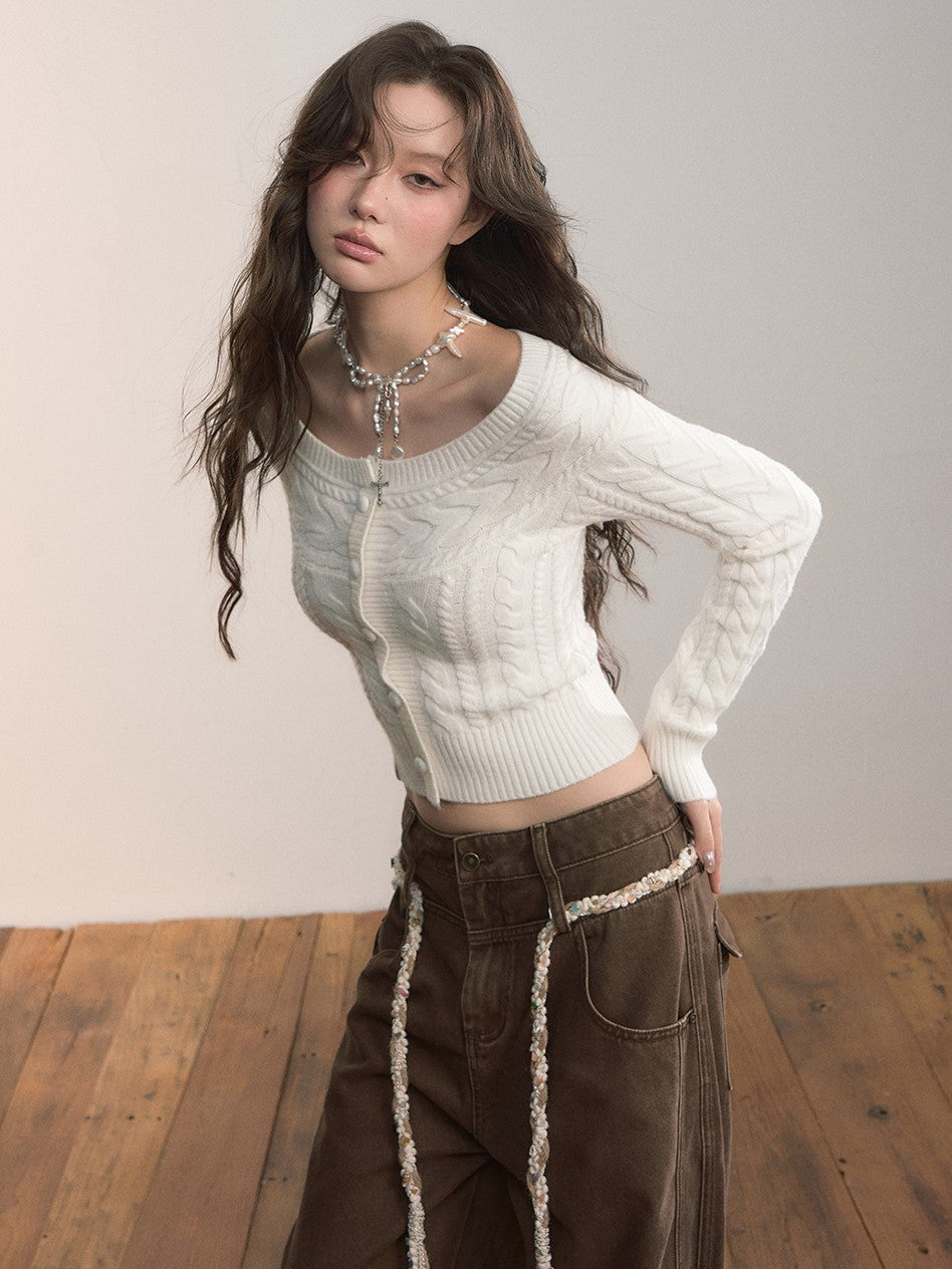 Off-shoulder Round Neck Short Cable Sweater VIA0372