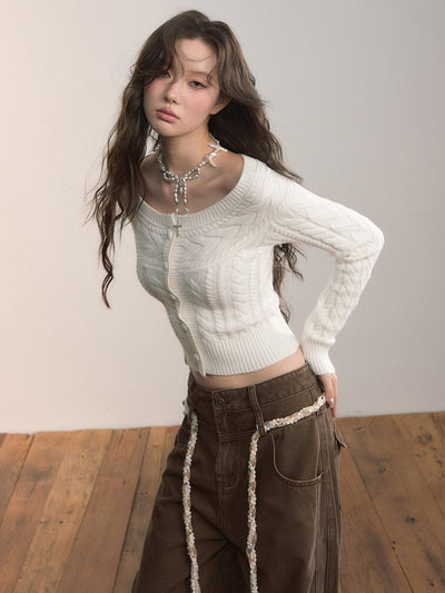 Off-shoulder Round Neck Short Cable Sweater VIA0372