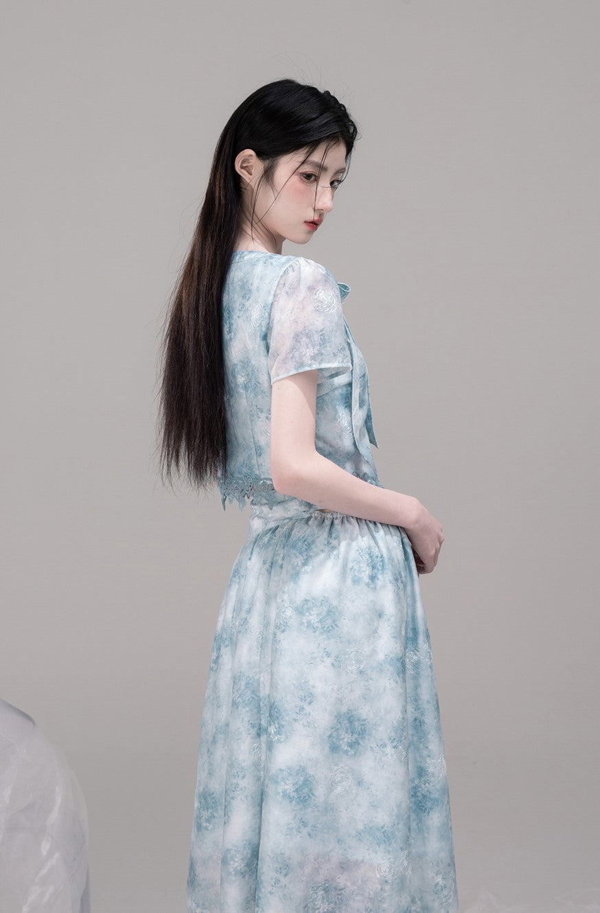 Blue Bow Collar Shirt+Irregular Skirt COT0316