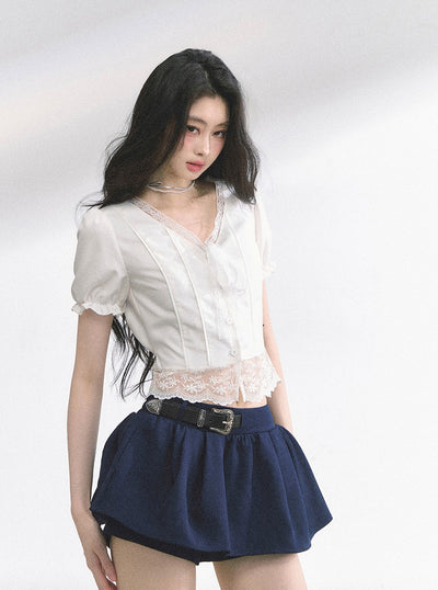 Lace V-neck Puff Sleeve Shirt DIA0521